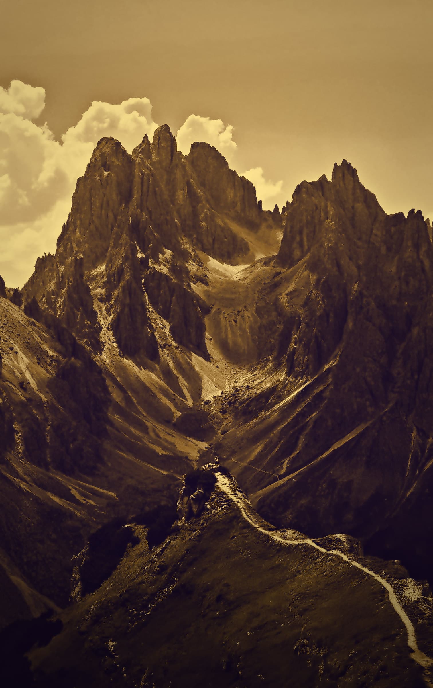 A winding trail leading up toward jagged mountain peaks.