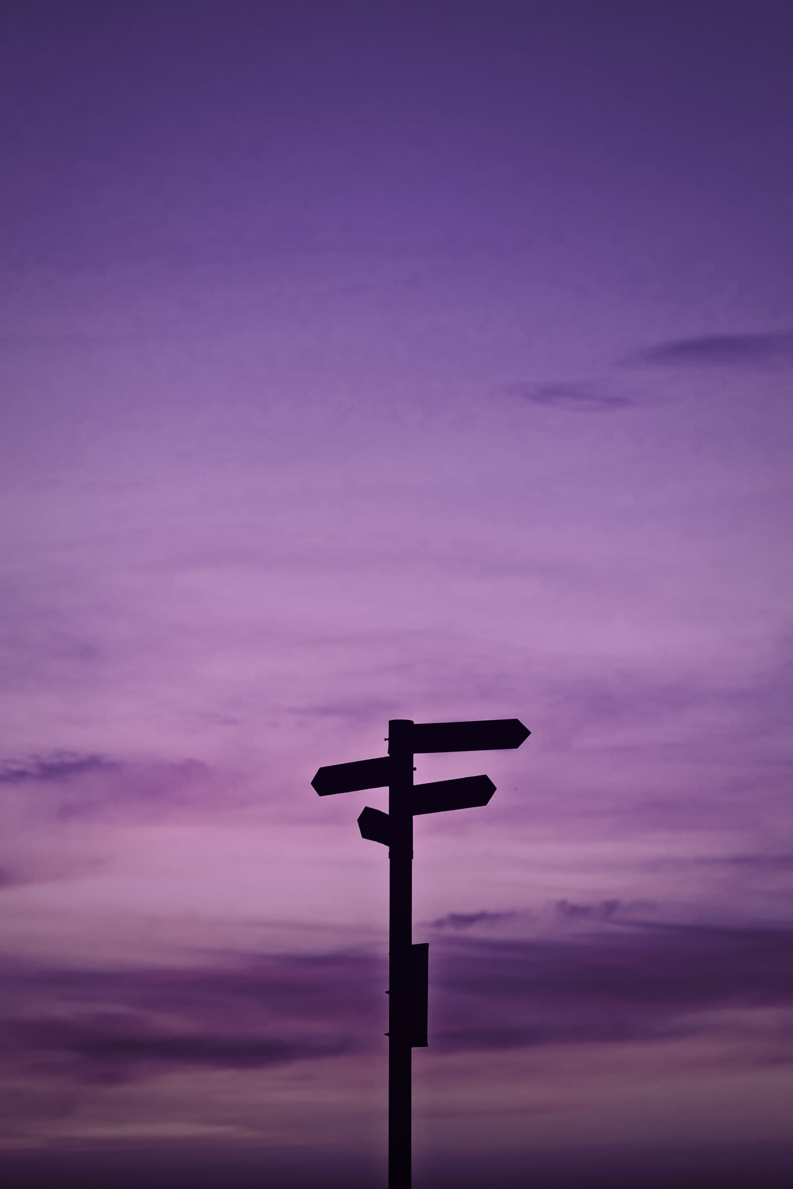 A signpost at the end of a path against a violet evening sky.